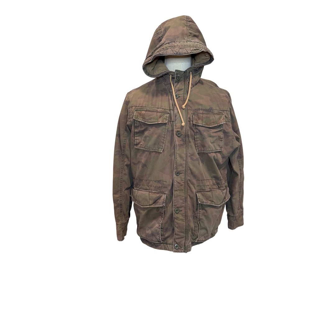 American Eagle Mens Camo Field Jacket Hooded Military Cargo Coat Green Brown L